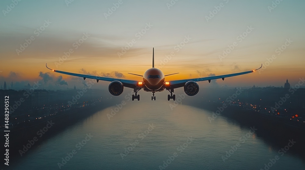 Obraz premium Airplane landing over river at sunrise