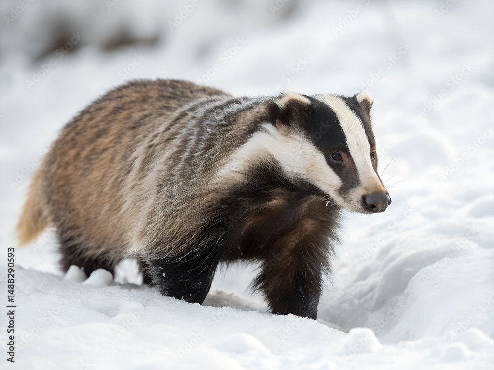 Fototapeta premium Badger isolated on snow background. A badger is walking through the snow. The badger is brown and white.