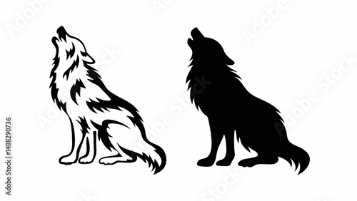 Two wolf silhouettes one outlined and one solid howling upwards on a white isolated background scene view editable vector eps/eps