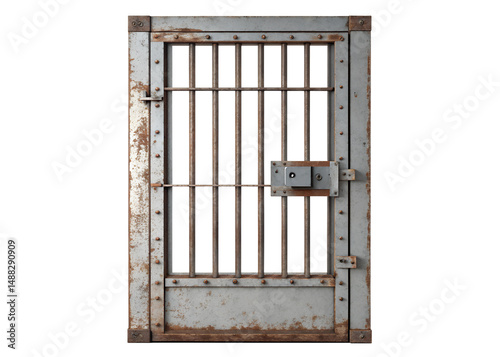 A metal prison cell door with bars isolated on transparent background. A metal door with bars and a lock is shown. The bars are rusted and the lock is also rusted.