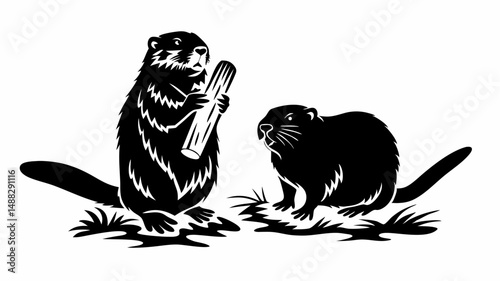 Two beavers one standing holding a log and one sitting down on grass in black and white style art editable vector eps/eps
