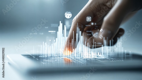Una mano toca una pantalla digital con gráficos y datos superpuestos, representando tecnología, análisis y conexión.