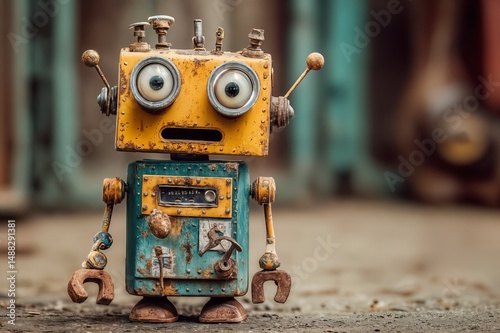 Robot oxidado y desgastado de pie frente a una pared de metal verde.