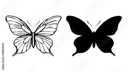 Illustration featuring two butterflies one outlined and one solid black silhouette on a white background editable vector eps/eps