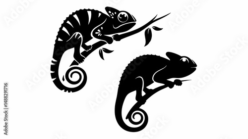 Two stylized black chameleons perched on branches with curled tails and detailed eye markings design editable vector eps/eps