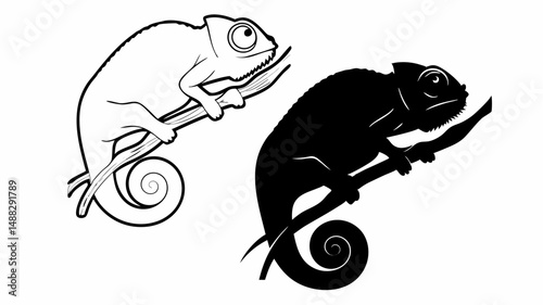 Two chameleons on a branch one in outline and the other in solid black silhouette with a spiral tail editable vector eps/eps