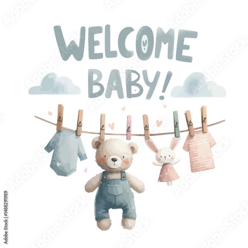 Watercolor Welcome baby card with clothes on the clothesline for baby shower invitation.