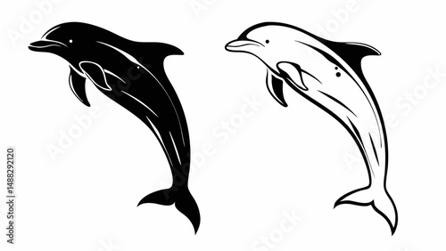 Two dolphins jumping out of the water in black and white in a simple vector illustration style image editable vector eps/eps