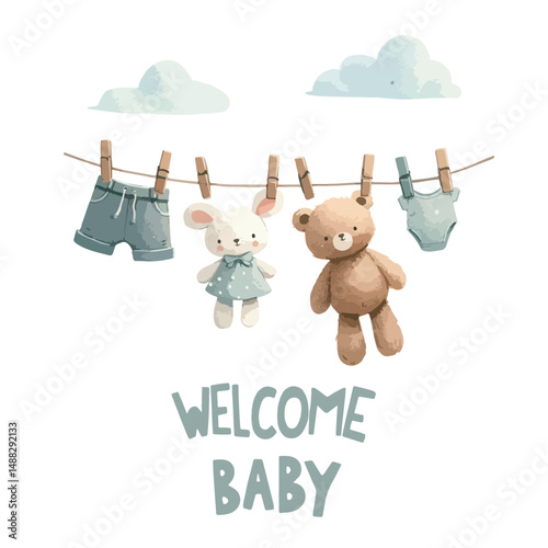 Watercolor Welcome baby card with clothes on the clothesline for baby shower invitation.