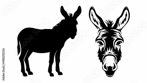 Silhouette of a donkey standing beside a detailed donkey face on a white isolated background editable vector eps/eps