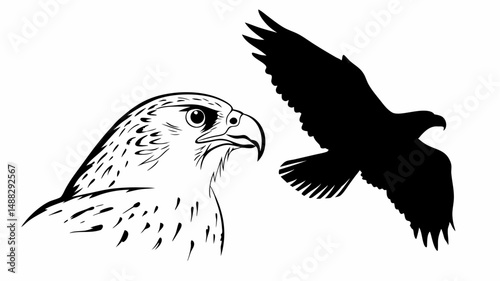 Illustration of a falcon head in line art and a silhouette of an eagle in flight on a white background editable vector eps/eps