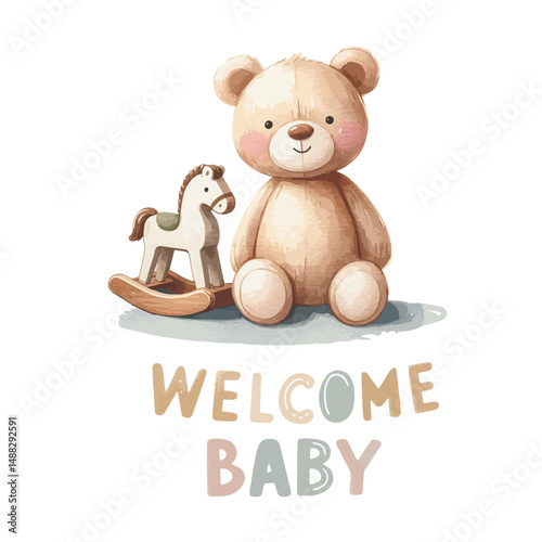 Welcome baby card with plush teddy bear and rocking horse. Baby shower invitation.