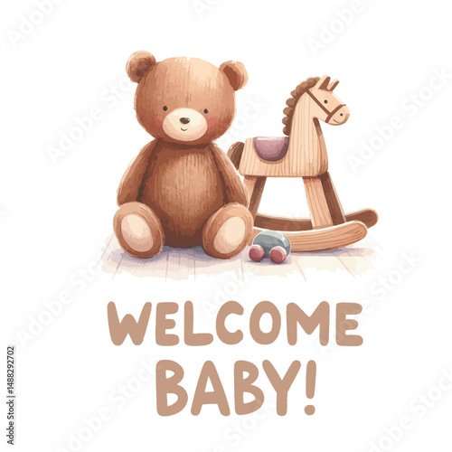 Welcome baby card with plush teddy bear and rocking horse. Baby shower invitation.