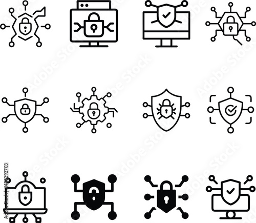 Cybersecurity Technology Icons. Lock Shield & Network Protection Vector Set