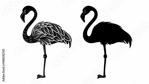 Two flamingo silhouettes standing side by side one with detailed feathers and one solid black form 100 editable vector eps/eps photo