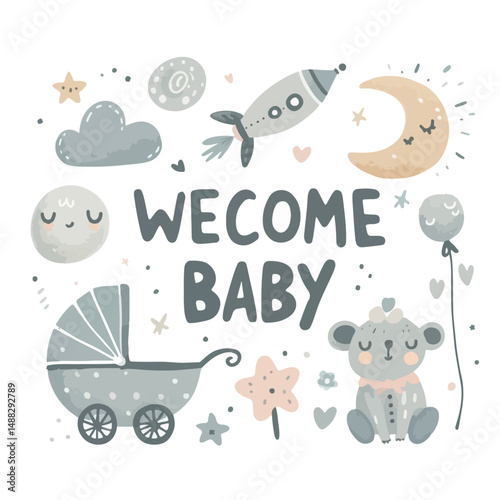 Welcome baby inscription. Baby shower invitation.