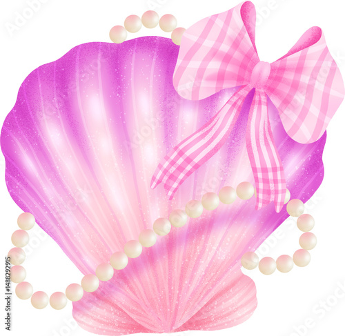 Coquette seashell and ribbon bow watercolor elements