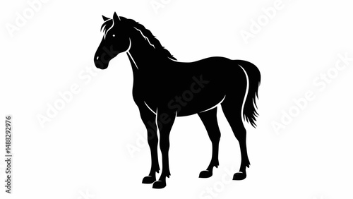 Silhouette of a standing horse with a flowing mane and tail in a simple black and white design style editable vector eps/eps