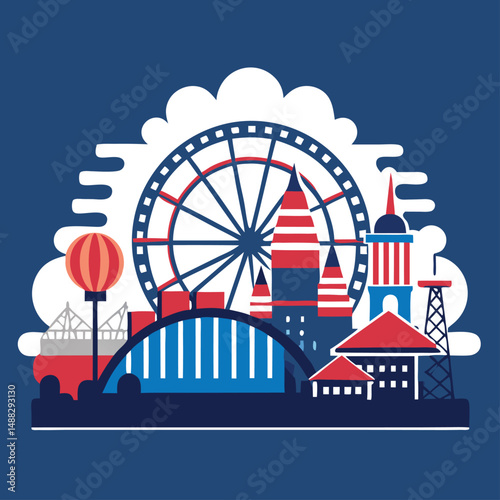 Abstract ferris wheel and cityscape illustration in red white and blue colors on transparency