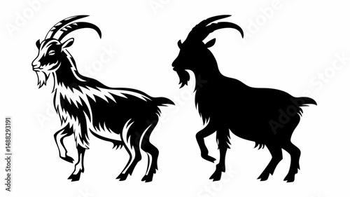 Two goats one detailed and one in silhouette standing side by side in a black and white illustration editable vector eps/eps