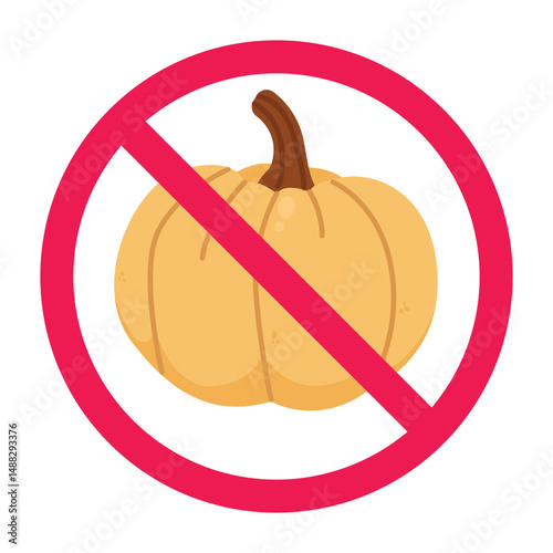 Forbidden sign with pumpkin icon. No pumpkin allowed sign. Do not eat pumpkin symbol. Suitable for food restrictions or allergy warnings