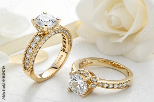 elite wedding engagement rings made of gold, unique original design, beautiful official wedding decoration white Background Ai generate .