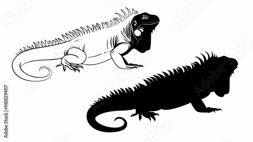 Two iguanas one in outline and one in silhouette standing on a white background in a simple style editable vector eps/eps