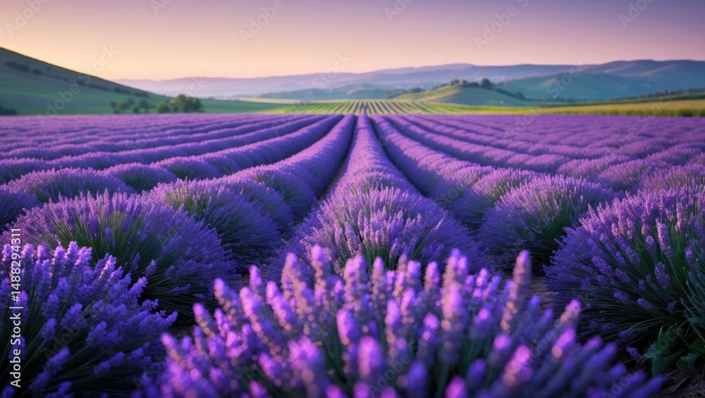 Fototapeta premium Sunset over lavender fields with mountains in the background. The vibrant purple hue of the flowers and the perspective rows of crops are striking.