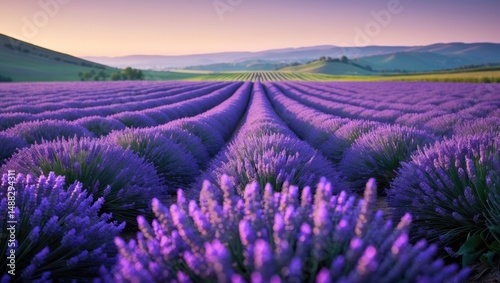 Fototapeta Naklejka Na Ścianę i Meble -  Sunset over lavender fields with mountains in the background. The vibrant purple hue of the flowers and the perspective rows of crops are striking.