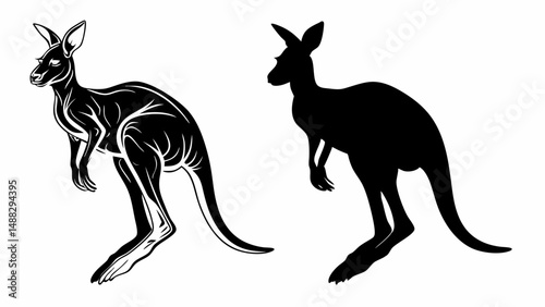 Two kangaroos one detailed and one in silhouette standing on a white background in black and white style editable vector eps/eps