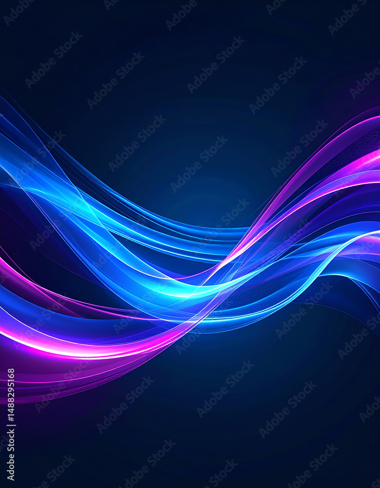 Naklejka premium Vibrant waves of blue and pink light flow gracefully across a dark background, creating a dynamic and modern abstract design
