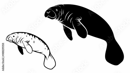 Two manatees swimming in different styles one in black silhouette and one in outline on a white background editable vector eps/eps