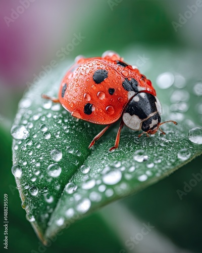 Close-up of a vibrant ladybug resting on a dew-covered leaf, showcasing nature's beauty and intricate details in macro photography.