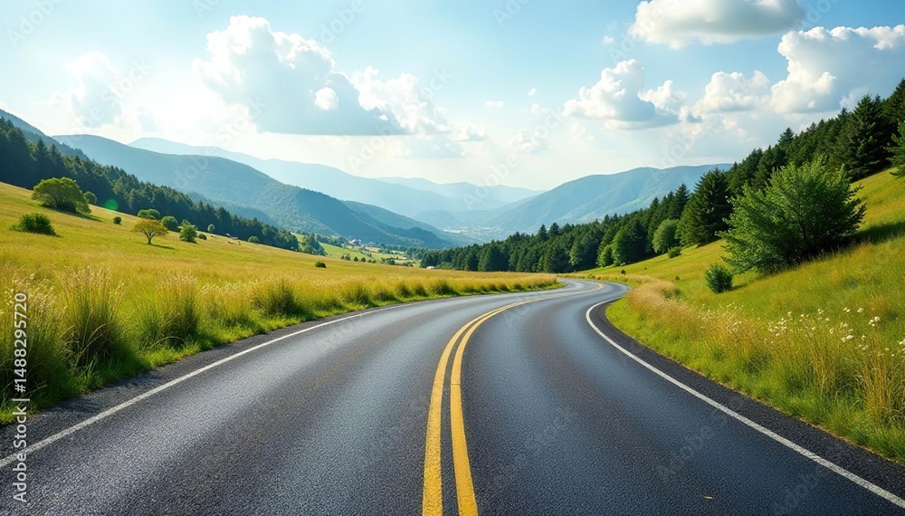 Naklejka premium Smooth asphalt road curves gently through scenic countryside , lane, winding