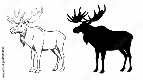 Illustration of two moose, one in outline and the other in silhouette, standing side by side on white editable vector eps/eps
