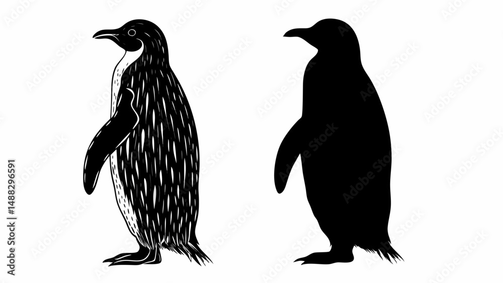 Two penguins standing side by side one detailed and one as a silhouette on a white background image editable vector eps/eps Two penguins standing side by side one detailed and one as a silhouette on a white background image editable vector eps/eps