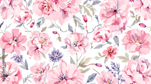 Seamless watercolor pattern with soft pink blooming flowers and delicate leaves