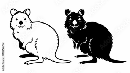 Two quokkas one in black and one in white standing side by side looking forward with happy expressions editable vector eps/eps