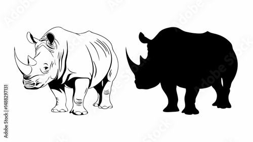 Illustration of a rhinoceros in black and white with one detailed and one in silhouette form, side by side editable vector eps/eps