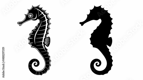 Two seahorse silhouettes one detailed and one solid black facing left on a white isolated background editable vector eps/eps