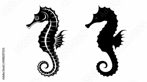 Two seahorses in black and white one detailed and one in silhouette against a white background editable vector eps/eps