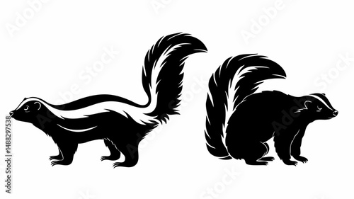 Two skunks in black and white with bushy tails one standing and one sitting in a vector illustration editable vector eps/eps