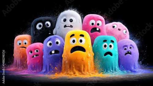 Un grupo de fantasmas coloridos y expresivos se agolpan en una explosión de polvo, mostrando una variedad de emociones.