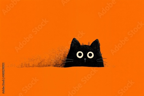 Un gato negro asoma por encima de una superficie naranja, con ojos grandes y redondos.