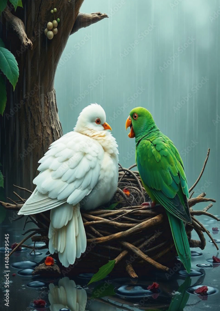 Obraz premium Tropical, Feathers, Avian, Tree canopy, Grape vines, Natural habitat, 