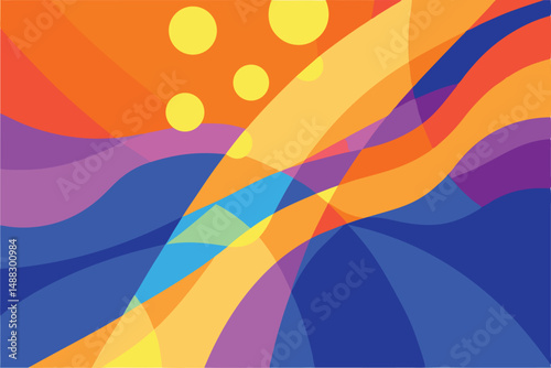 Abstract geometric composition of colorful overlapping wavy shapes with transparency