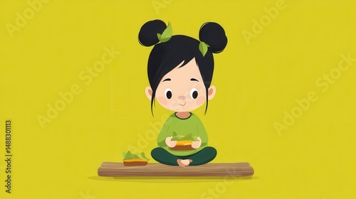 Girl Sitting with Snack: Cute Vector Illustration