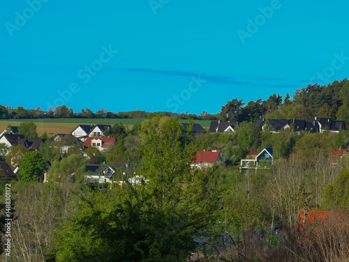On the horizon, a small village, houses, a forest, and a blue sky are visible.