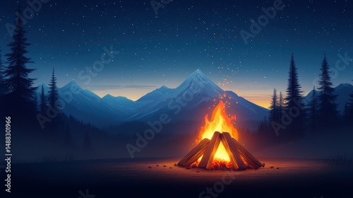 Night campfire scene in mountains