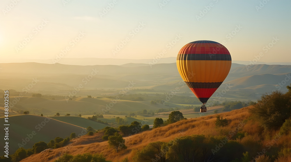 Obraz premium A hot air balloon floating over a scenic countryside with rolling hills